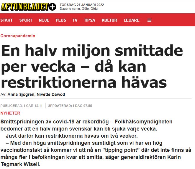 Skärmdump från Aftonbladet med artikelrubrik: "En halv miljon smittade per vecka – då kan restriktionerna hävas".