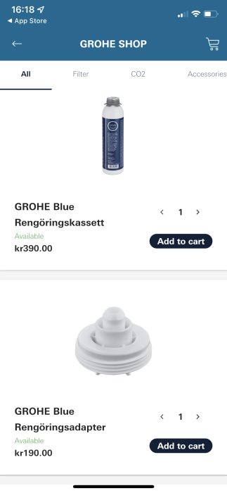 GROHE Blue rengöringskassett och rengöringsadapter med priser, tillgängliga i en onlinebutik.