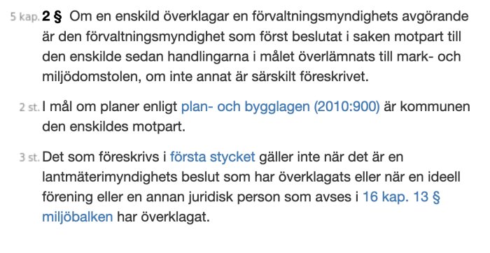 Skärmdump av lagtext relaterad till överklagan av myndighetsbeslut utan Lantmäteriet som motpart.