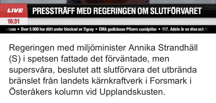 Skärmdump av en nyhetsartikel om regeringens beslut angående kärnbränslelager i Forsmark, felaktigt placerat i Österåkers kommun.