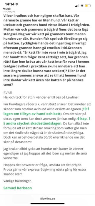 Skärmdump av ett foruminlägg om konflikter mellan grannar angående hundar och katter i trädgården.