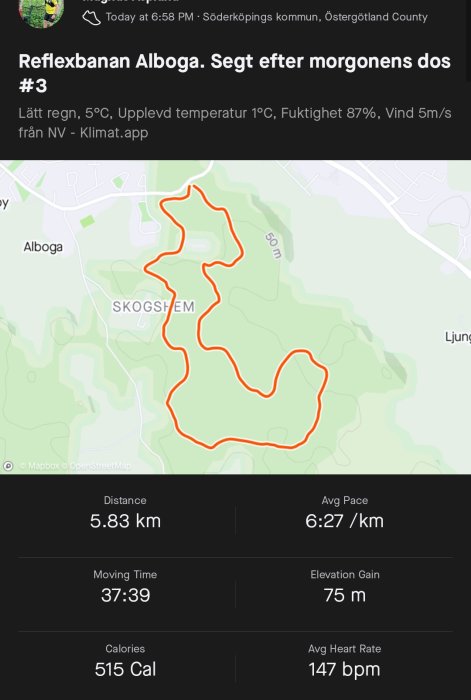 Karta med spårlogg över reflexslinga i skogen, information om sträcka, tid och fysiska data.