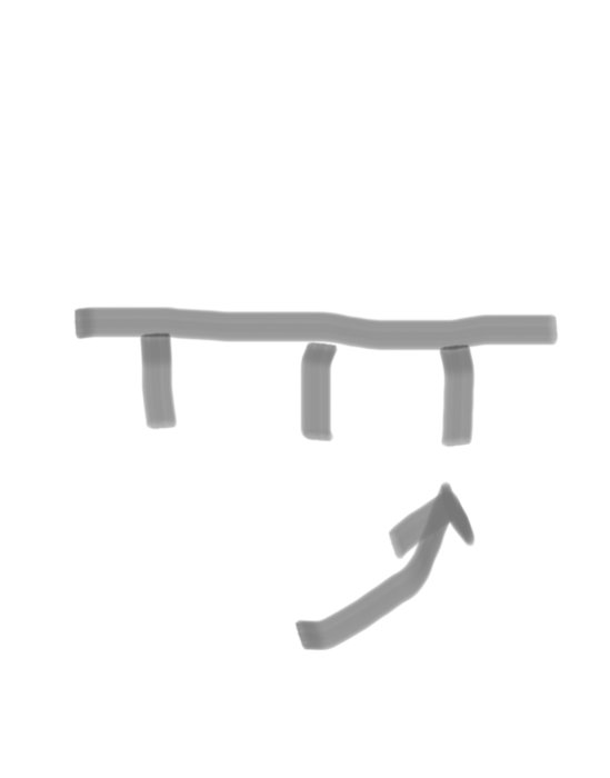 Pil peger på vandret bjælke med tre lodrette støttebjælker nedenunder.