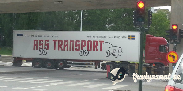 Lastbil med logotyp för "ASS TRANSPORT" under en bro vid rödljus.