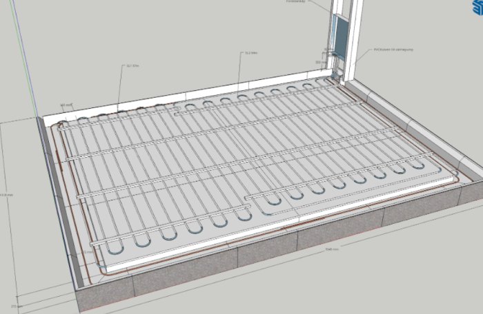 Skiss i 3D av ett uterum med måttangivelser som visar en nylagd grundplatta med golvvärme installerad och förberedelse för stolpar.