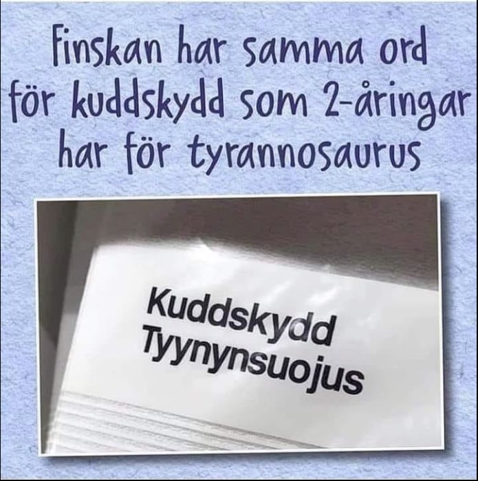 Bild av en text som jämför det finska ordet för kuddskydd med småbarns ord för tyrannosaurus.