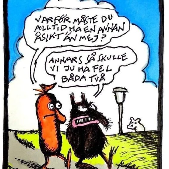 Illustration av två karaktärer, en korv och en fluffig varelse, som samtalar, med talbubbla och en katt i bakgrunden.