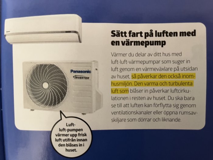 Luft-luftvärmepump från Panasonic med inomhus- och utomhusdel i ett tidningsurklipp.