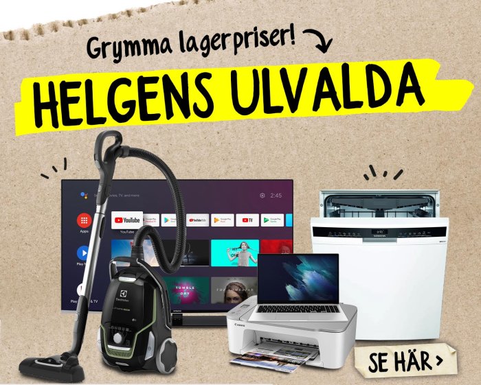 Reklam för "Helgens utvalda" med elektronikprodukter - TV, dammsugare, diskmaskin och skrivare.