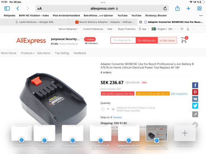 Skärmbild av en produkt på AliExpress, en adapter för Bosch professionella Li-ion batterier.