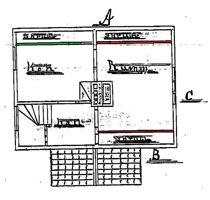 Svartvit skiss av husets planlösning med markerade väggar i grönt och rött för ombyggnadsplaner.