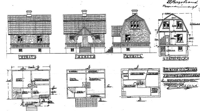 Ritning av huset med fasadvyer, planlösningar och måttangivelser, markerade röda och gröna väggar som referens för renovering.