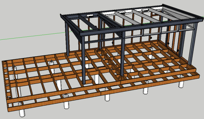 3D-ritning av ett fristående uterum och altan konstruktion i trä och metall.