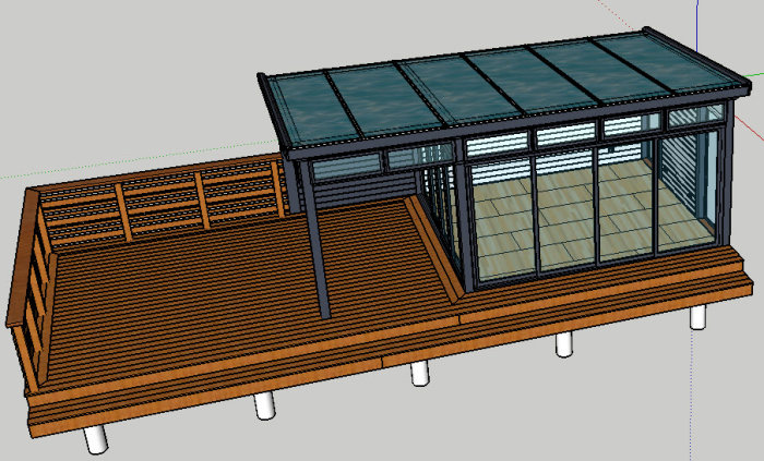 3D-ritning av ett fristående uterum med altan, glaspartier och genomskinligt tak.