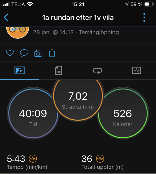 Skärmavbild av träningsapp visar löpdistans på 7,02 km, tid 40:09, förbrända kalorier 526, tempo och höjdmeter.