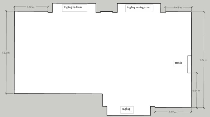 Planritning över en hall med mått angivna för befintlig layout, inklusive placering av elskåp och dörrar.