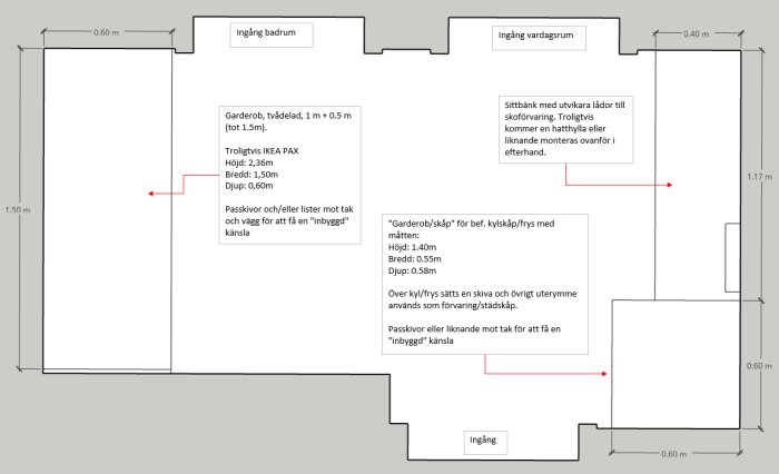 Planritningar över hall före och efter renovering med möbleringsförslag för garderob och skoförvaring.