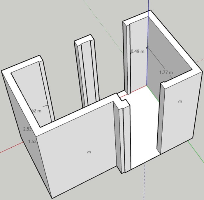 3D-skiss av en hallplanlösning med dimensioner för renoveringsprojekt.