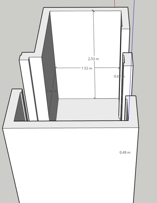 3D-planlösning av en hall med mått för planerad garderob och skåputrymme.