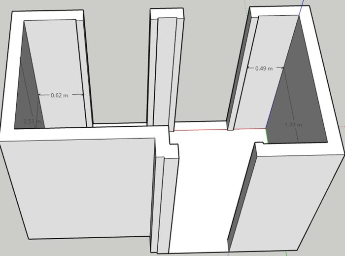 3D-skiss av en hall med planerad förvaring och måttangivelser.