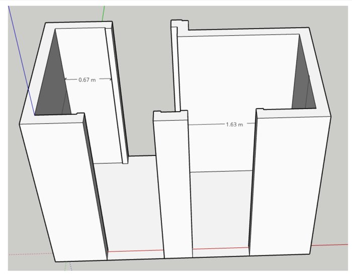 Illustration av en planlösning med mått för en hall med garderober och förvaringsutrymmen.