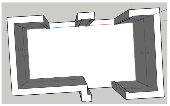 3D-modell av en hall med måttangivelser för planerade garderober, skåp och sittbänk.