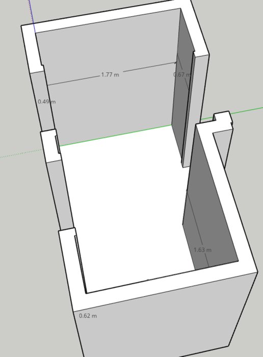 3D-skiss över hall med planerad plats för garderob och inbyggd skåplitenhet.