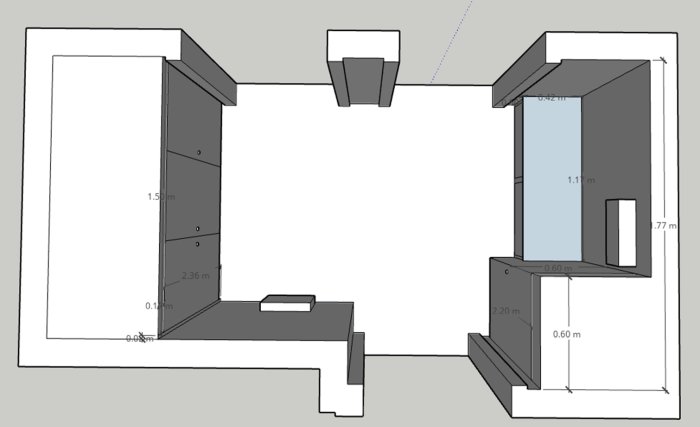 3D-skiss av en hall med planerad inredning inklusive garderober och förvaringslösningar med måttangivelser.