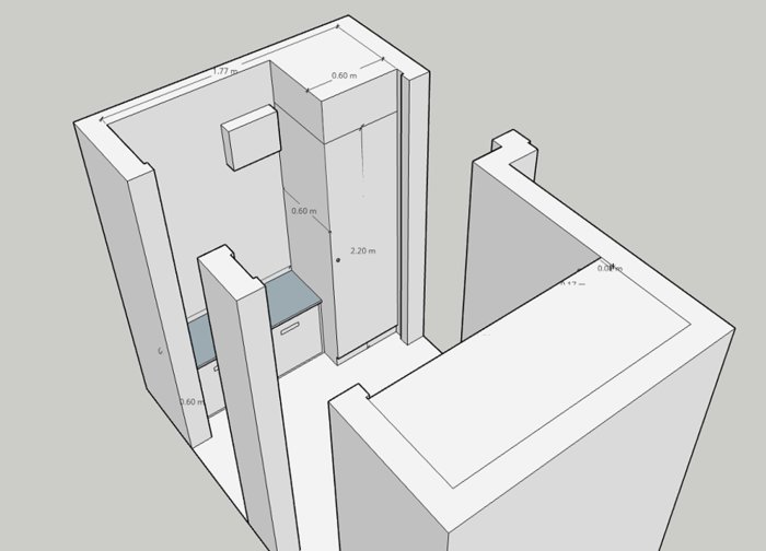 3D-skiss av en hall med planerad förvaring och möblering inklusive garderober och sittbänk.