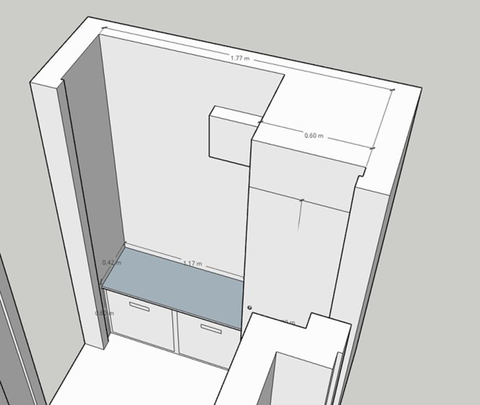 3D-ritning av en tänkt planlösning för hall med garderober och sittbänk med skoförvaring.