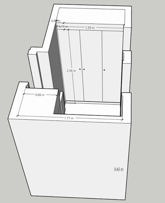 3D-skiss av hall med måtten för garderober och förvaringslösningar.