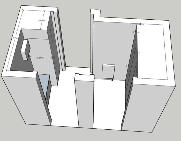 3D-grafik som visar en planlösning för en hall med garderober och tänkta förvaringslösningar.