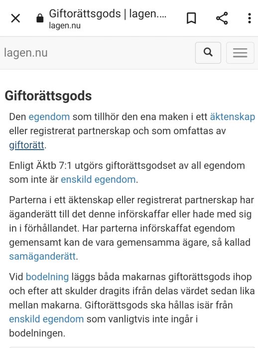 Skärmbild av en lagtext om giftorättsgods från webbsidan lagen.nu som förklarar äktenskaplig egendom.