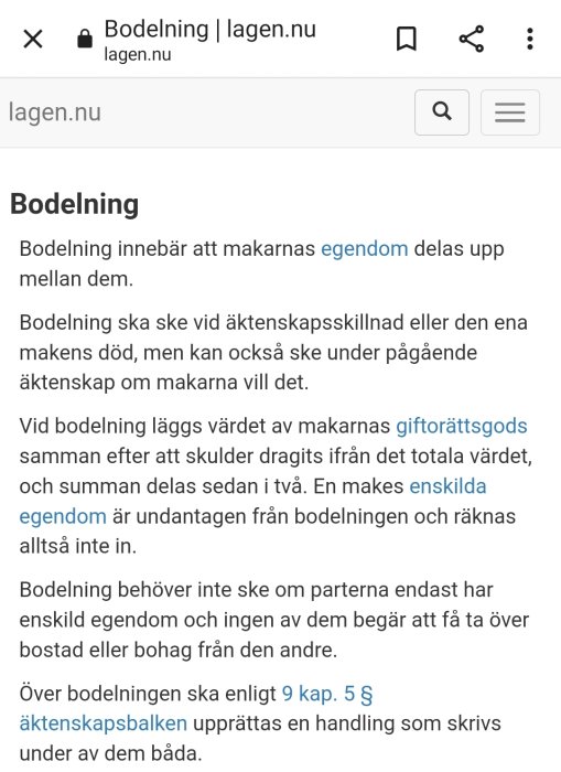 Skärmdump av webbsida om bodelning med text om egendom och giftorättsgods.