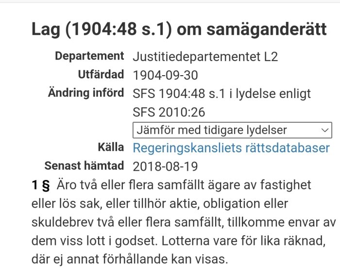 Skärmdump av lagtext om samäganderätt, artikulerar regler för gemensam äganderätt.