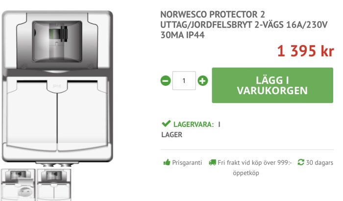 NORWESCO jordfelsbrytare i vit design med priset och knapp för att lägga produkten i varukorgen.