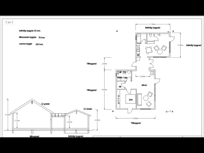 Ritning av ett fritidshus med planlösning och mått för befintlig byggnad och tillbyggnad.