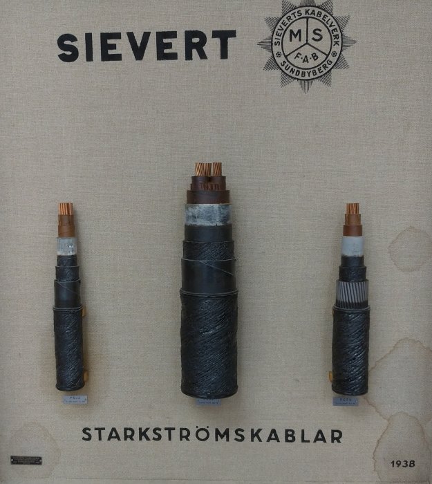 Gammal kabel från Sieverts Kabelverk visar tre olika typer av starkströmskablar från 1938.