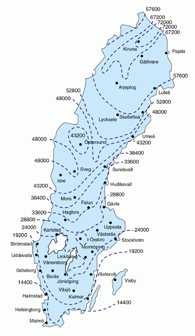 Karta över Sverige som visar köldmängd i hC för olika regioner för dimensionering av VA-isolering.