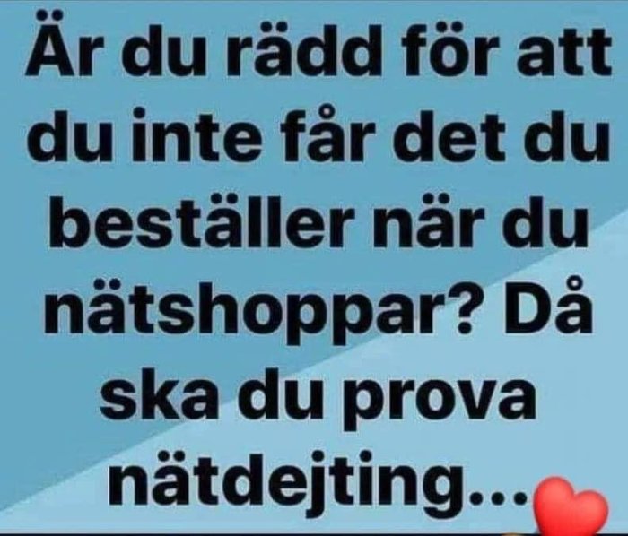 Textmeme med frågan "Är du rädd för att du inte får det du beställer när du nätshoppar? Då ska du prova nätdejting..." och ett hjärta.