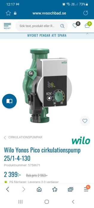 Wilo Yonos Pico cirkulationspump modell 25/1-4-130 visas på en produktsida, med pris och artikelnummer.