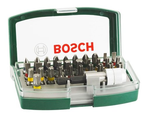 Bosch bits-sats i öppen låda med olika skruvbits och adapter.