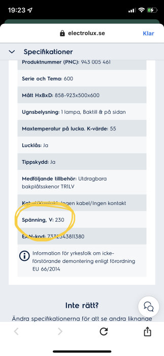 Skärmdump av specifikationer med markerad text "Spänning, V: 230" på en webbsida.
