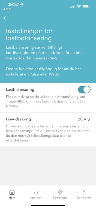 Skärmbild av appinställningar för lastbalansering av laddbox med huvudsäkring på 20 A.