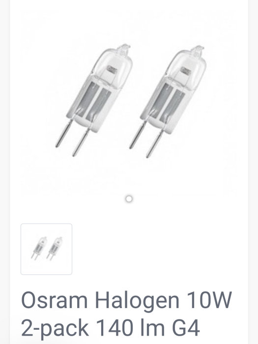 Två Osram halogenlampor 10W med G4-sockel i förpackning.