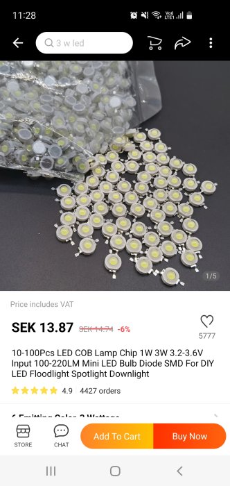 1W LED-chips i vitton för belysning utspridda på svart yta, några paketerade, skärmbild från produktannons.