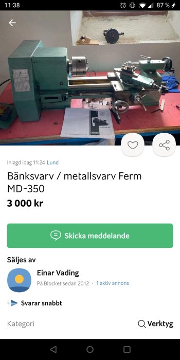 Bänksvarv av märket Ferm MD-350 till salu, visas ovanpå ett rött bord i ett verkstadsutrymme.