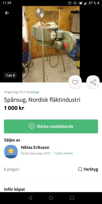 Industriell spånsugare från Nordisk Fläktindustri i ett garage.