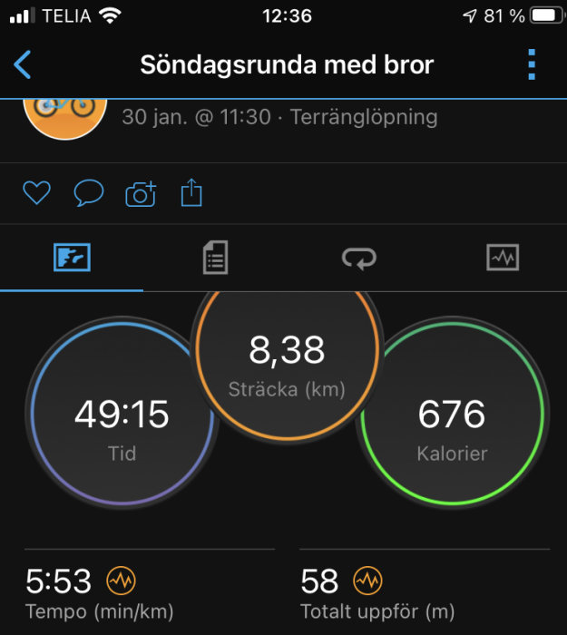 Skärmbild av löparapp med statistik över en löprunda: distans 8,38 km, tid 49:15, kalorier 676.