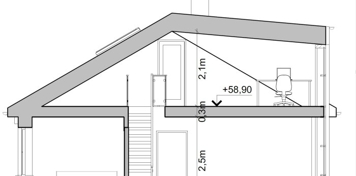 Sektion av byggprojekt med måttangivelser för tak och våningar, inklusive möblering.